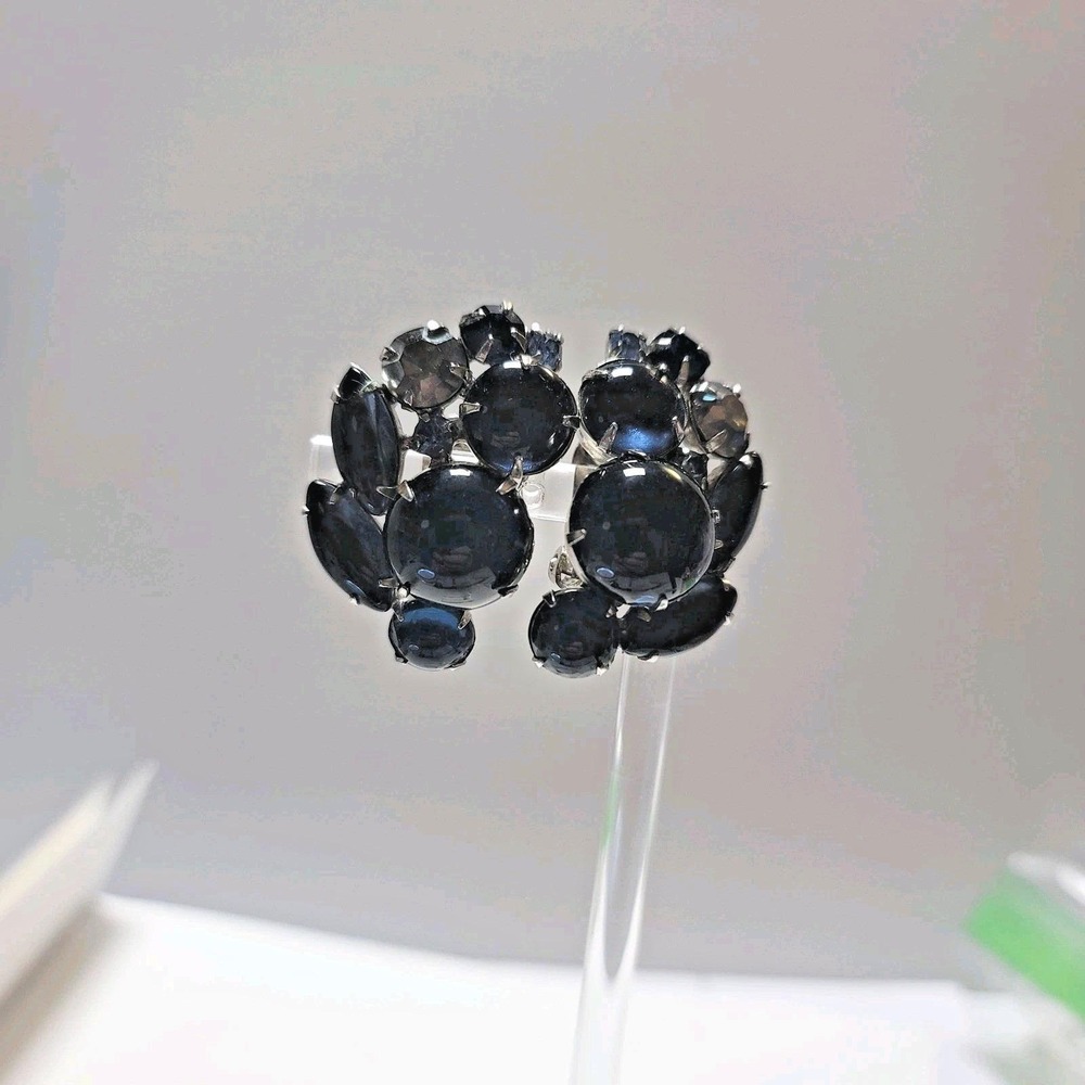 Vintage Weiss Blue Cabochon Rhinestone Clip‎ On Earrings Womens Silver Tone